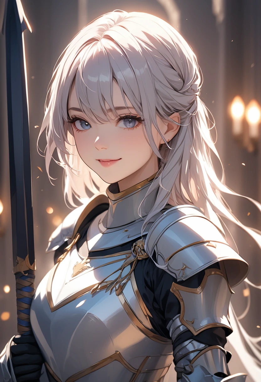 (masterpiece:1.5),(Beat quality),(high res),1girl solo,beautiful face,smile,upper body,knight woman,Has a spear