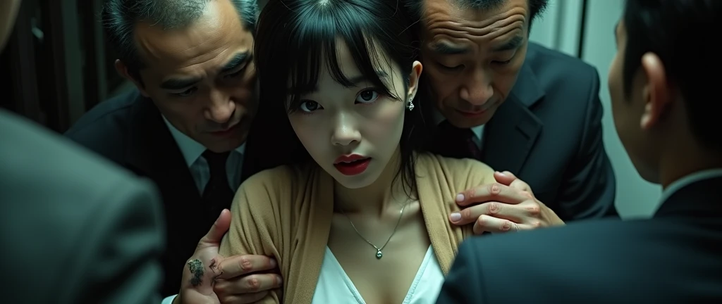 (32K:1.9, Horror depictions:1.9, Highest quality, masterpiece, Ultra-high resolution, Professional random angle camera work:1.5, Very detailedな肌と顔の質感:1.4), Always accurate, Very detailed, bag, (Cute Japanese Woman, Camisole dress and cardigan:1.6, Incredibly slim body:1.3, areola is not visible:1.4, Big breasts on the verge of collapse), ((Crowded train:2.0, Crazy behavior:1.9, in the train、Two middle-aged men hugging a woman from behind:1.7)), belt, Fair skin, elegant, sense of cleanliness, Thin eyebrows, (cry:1.0, Puzzled:1.0, A look that shows deep contempt for you:1.0, Big eyes that exude beautiful eroticism:0.4, Open your mouth a little, lipstick, Feel the beautiful eroticism:1.0, Dark brown medium hair), Earrings, necklace, bracelet, romantic, mysterious, Object of admiration, original, dramatic, artistic, Innovative, charm, Heartful, Fancy, Tilt, sense of loss, special, ((exciting, Extreme, sense of openness, suffering, sufferingの表現)), ((Mistakes of Youth, 女性的なcharm))
