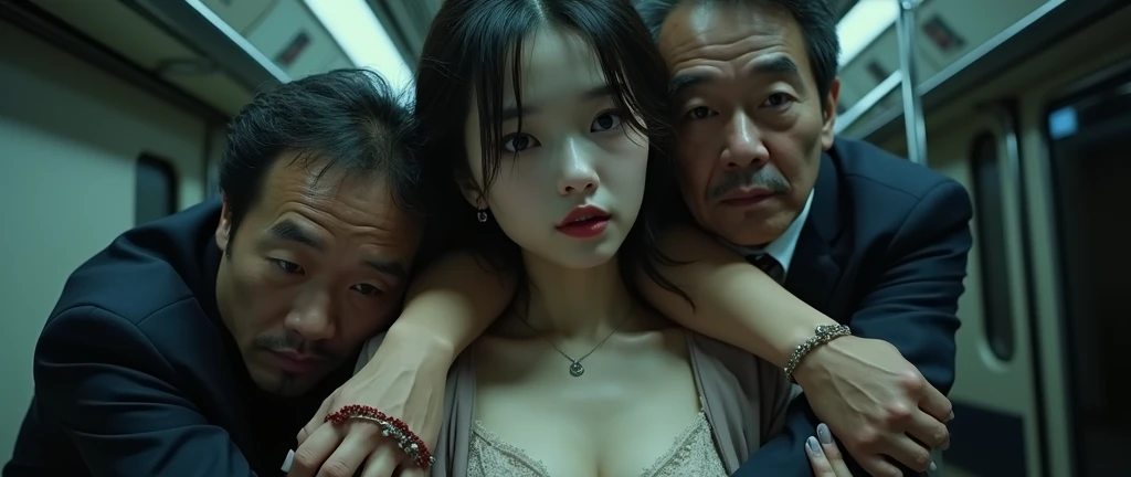 (32K:1.9, Horror depictions:1.9, Highest quality, masterpiece, Ultra-high resolution, Professional random angle camera work:1.5, Very detailedな肌と顔の質感:1.4), Always accurate, Very detailed, bag, (Cute Japanese Woman, Camisole dress and cardigan:1.6, Incredibly slim body:1.3, areola is not visible:1.4, Big breasts on the verge of collapse), ((Crowded train:2.0, Crazy behavior:1.9, in the train、Two middle-aged men hugging a woman from behind:1.7)), belt, Fair skin, elegant, sense of cleanliness, Thin eyebrows, (cry:1.0, Puzzled:1.0, A look that shows deep contempt for you:1.0, Big eyes that exude beautiful eroticism:0.4, Open your mouth a little, lipstick, Feel the beautiful eroticism:1.0, Dark brown medium hair), Earrings, necklace, bracelet, romantic, mysterious, Object of admiration, original, dramatic, artistic, Innovative, charm, Heartful, Fancy, Tilt, sense of loss, special, ((exciting, Extreme, sense of openness, suffering, sufferingの表現)), ((Mistakes of Youth, 女性的なcharm))