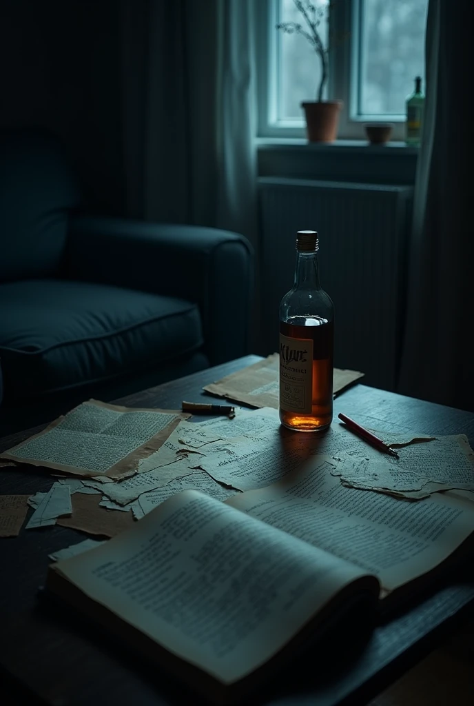 

**main image**: A background with a lonely atmosphere, like a messy coffee table in a dark, cozy room. over the table, a bottle of alcoholic beverage, a cigarette butt, reflecting the feeling of desolation.

*Additional Elements**: Scraps of paper or notebooks with notes and sentences in irregular handwriting, some torn or smudged, scattered across the table or around the glass. This illustrates the character&#39;s confusion and disordered feelings..

**colors**: Dark and saturated tones, like navy blue, gray and black, with touches of white or silver to create contrast and highlight the title. The use of shadows and soft lighting can intensify the feeling of melancholy..