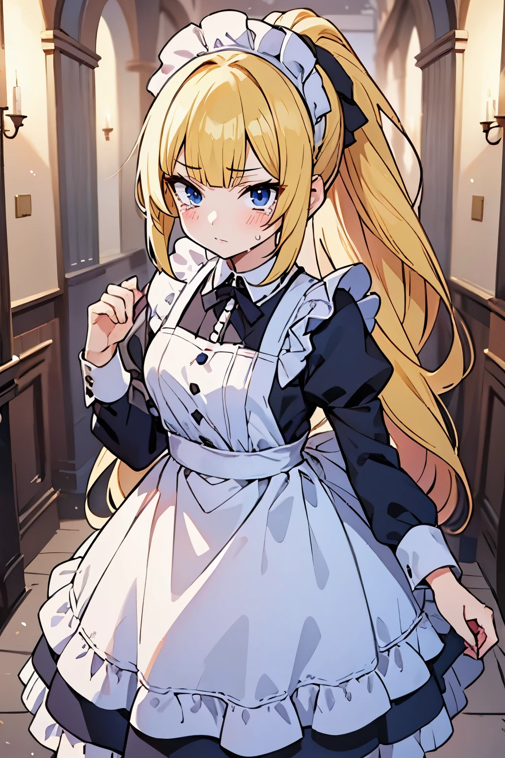 solo girl, (young female body:1.4), ( medium small breasts), long hair, ponytail, yellow long hair, voluminous wavy very long yellow hair, extra long disheveled yellow hair, hime cut, light blue eyes, dynamic posing, castle hallway background, marble pillars and marble wall, victorian dark blue maid dress, white head wrap, long maid dress, long sleeve, maxi long maid dress, cowboy shot