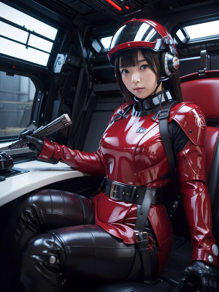 masterpiece, Highest quality, Very detailed, Japanese Android girl, Beautiful 2 Japanese woman, Plump,Slightly thicker,Control panel,Android,cyborg,Blunt bangs,Sitting in the cockpit and holding the wheel,Red robot suit,Thick black harness belt,Helmet