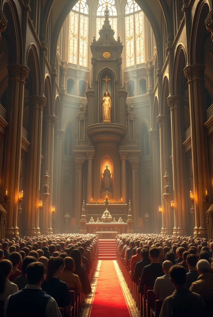 Create a huge church, with people in it, praying