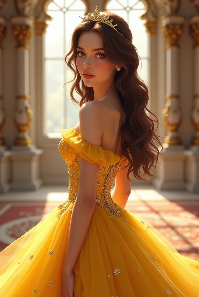 masterpiece, Best Quality, Illustration, Ultra-detailed, finely detail, hight resolution, 8K Wallpaper, Perfect dynamic composition, Beautiful detailed bright brown eyes , RAW format, realistic face, incredibly beautiful girl, silky, Smooth and shiny brown hair, extremely detailed eyes and face, Cinema Lighting, Full body shot, beautiful detailed yellow dress, princess, background in castle