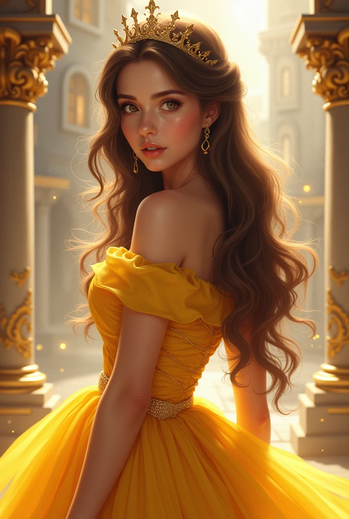 masterpiece, Best Quality, Illustration, Ultra-detailed, finely detail, hight resolution, 8K Wallpaper, Perfect dynamic composition, Beautiful detailed bright brown eyes , RAW format, realistic face, incredibly beautiful girl, silky, Smooth and shiny brown hair, extremely detailed eyes and face, Cinema Lighting, Full body shot, beautiful detailed yellow dress, princess, background in castle
