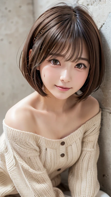 Highest quality, Face Focus, Soft Light, Ultra-high resolution, (Realistic:1.4), RAW Photos,One of the Japan, alone, cute, (pupil, light in your eyes),  Beautiful face in every detail, (),(High resolution detail of human skin texture),(Bobcut)、Loose and fluffy hair、Messy hair、indoor,Knitted sweater、sheer、Small breasts、(Portraiture)、Leaning against the wall、smile、blush、Headband、Sitting on the floor、Open your mouth a little、Off the shoulder