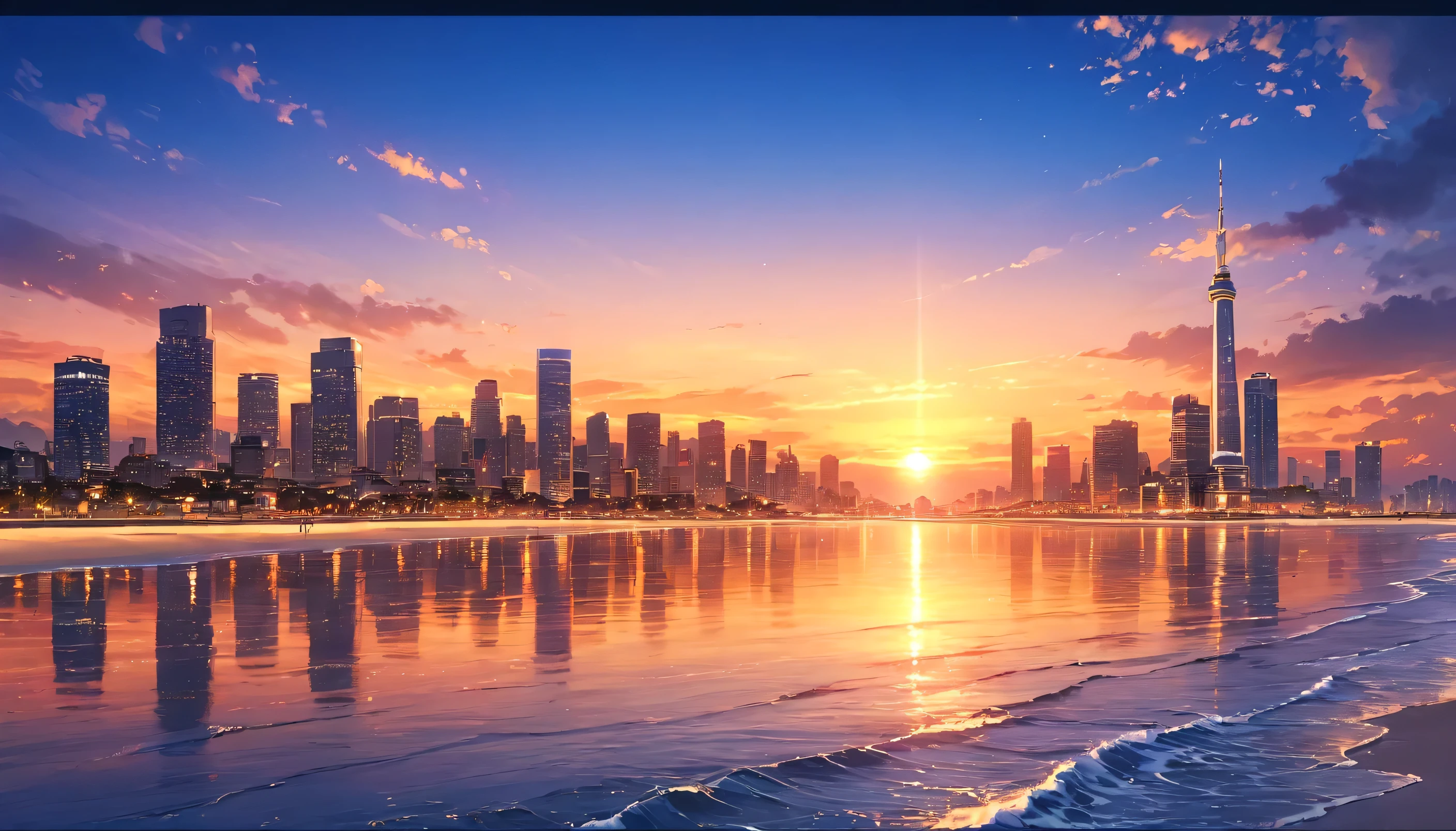 a beautiful city skyline at sunset, walking path along the ocean, vibrant colors in the sky, (best quality,4k,8k,highres,masterpiece:1.2),ultra-detailed,(realistic,photorealistic,photo-realistic:1.37),detailed cityscape, dramatic lighting, warm sunset colors, glowing sky, ocean waves, detailed architecture, serene atmosphere, anime style, intricate details