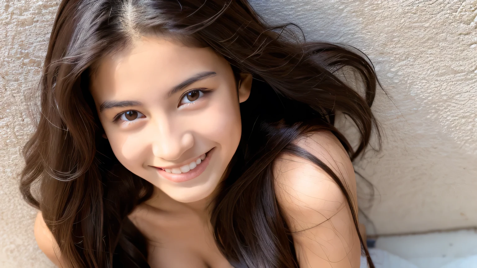 1 mexican girl, 2, Long Wavy black Hair, dark brown eyes, , nude, cleavage, smiling