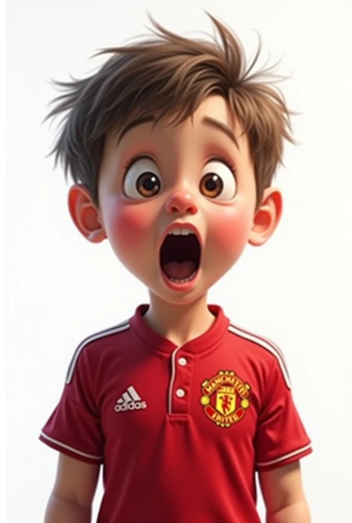 Illustration: A cute boy wearing a Manchester United shirt shows a shocked expression in a realistic and funny style on a white background.