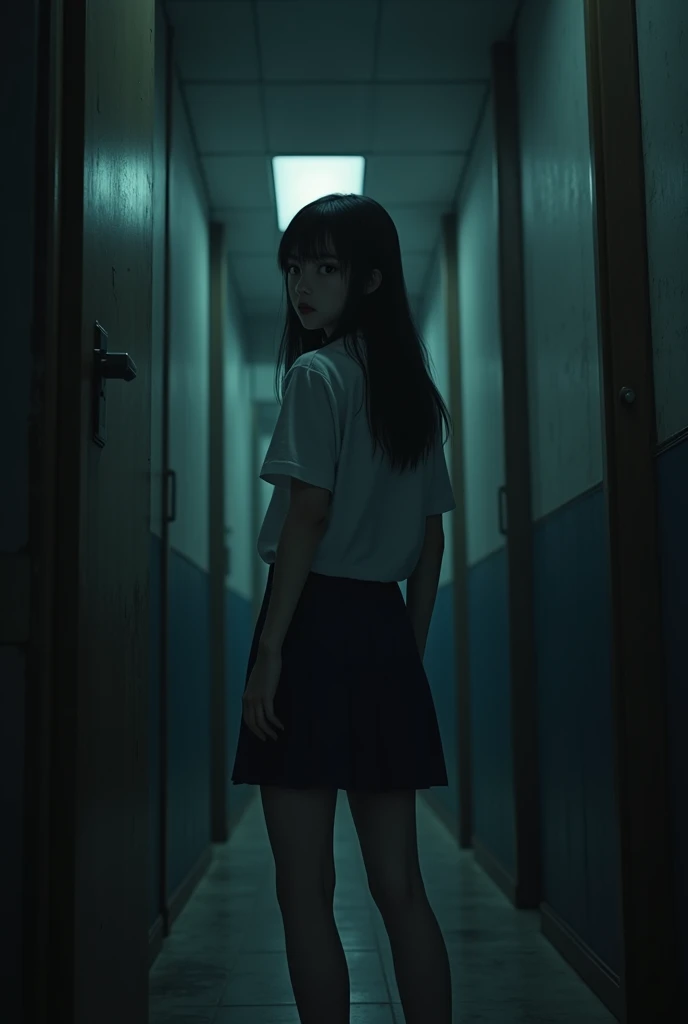 A  Thai young woman in her late teens with long, straight black hair, wearing a simple Thai university uniform. She stands in a dimly lit dorm room, her serious expression showing determination and fear as she glances over her shoulder at the darkened walls. The room is small, with old furniture and an unsettling atmosphere."