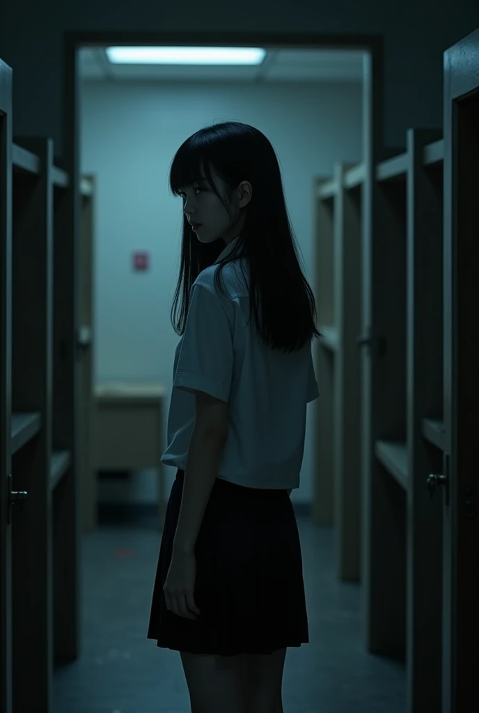 A  Thai young woman in her late teens with long, straight black hair, wearing a simple Thai university uniform. She stands in a dimly lit dorm room, her serious expression showing determination and fear as she glances over her shoulder at the darkened walls. The room is small, with old furniture and an unsettling atmosphere."