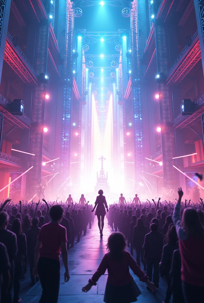 (anime) a huge white stage, flashing lights, huge music setups 
