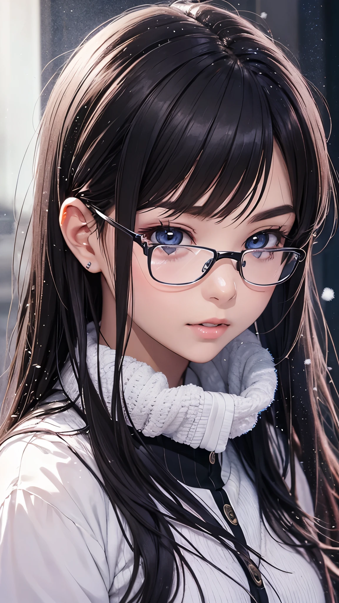 (Best Quality,4K,8K,hight resolution,masutepiece:1.2), Ultra-detailed, (Realistic,photoRealistic,photo-Realistic:1.37), ((snow scenery2.0)),Glasses Girl,disconcerted,((Black hair)),((Long hair)),Japan uniform,muffler,high socks, pumps,Beautiful detailed eyes, Beautiful detailed lips, extremely detailed eye and face, long eyelashes, Realistic anime 3D style, Smooth Anime CG Art, Digital rendering by Makoto Shinkai, Moe Anime Art Style, photoRealistic rendering of an anime girl, Shinkai Makoto style, Cute anime girl visuals, Realistic young anime girl, girl fan art, Created by Anime Artist'studio of.