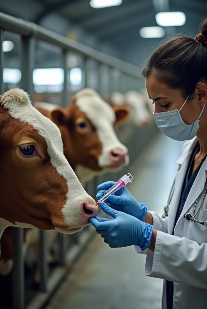 create an image of a veterinarian performing a blood test on cattle  