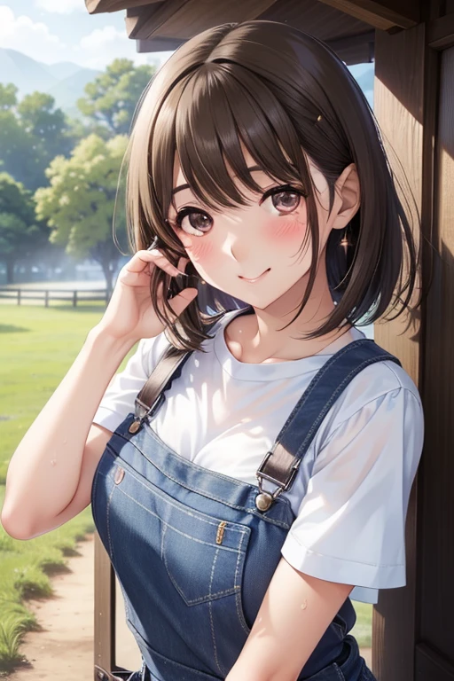anegasaki nene、Shiny brown hair, short hair, (Beautiful brown eyes、Sparkling eyes, Fine grain)、smile、Ultra-detailed eyes、Highly detailed face, Highly detailed eyes,Cowboy Shot、
(high quality, High resolution, The finer details, Realistic), Denim overalls, Raise one hand, Block sunlight with your hands, Pasture, sunny, Strong sunlight, alone, Adult female, Sparkling eyes, smile, blush, (Sweat), Oily skin, Shallow depth of field