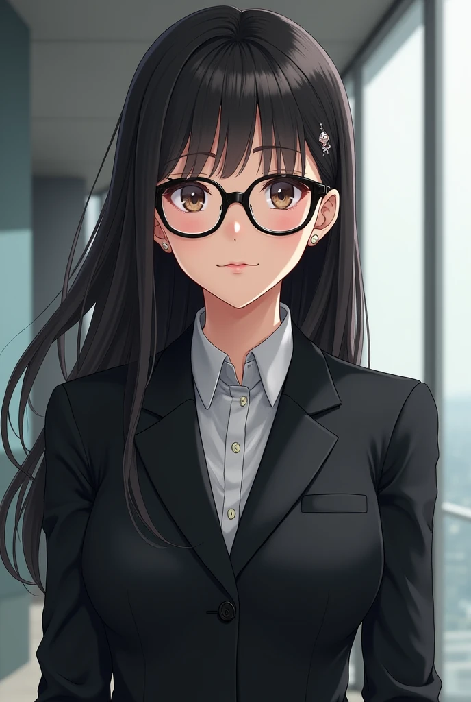 Black suit, glasses, Japanese, 20s, anime-like, older sister look, company background