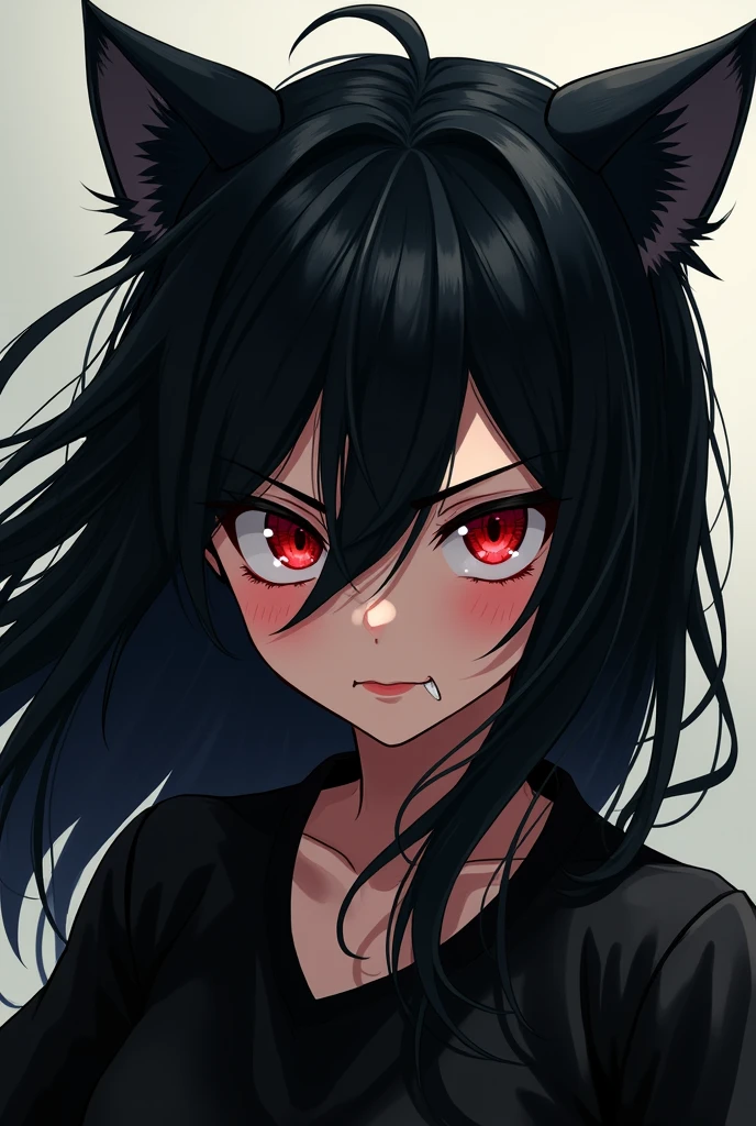 Child girl anime with spiky black long hair and eye red,her clothes is black with
She has a cat's tooth and she's agressive