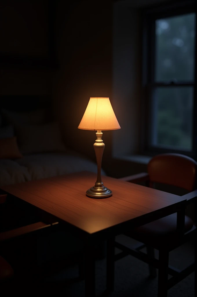 a lamp in the dark on top of a lit wooden table