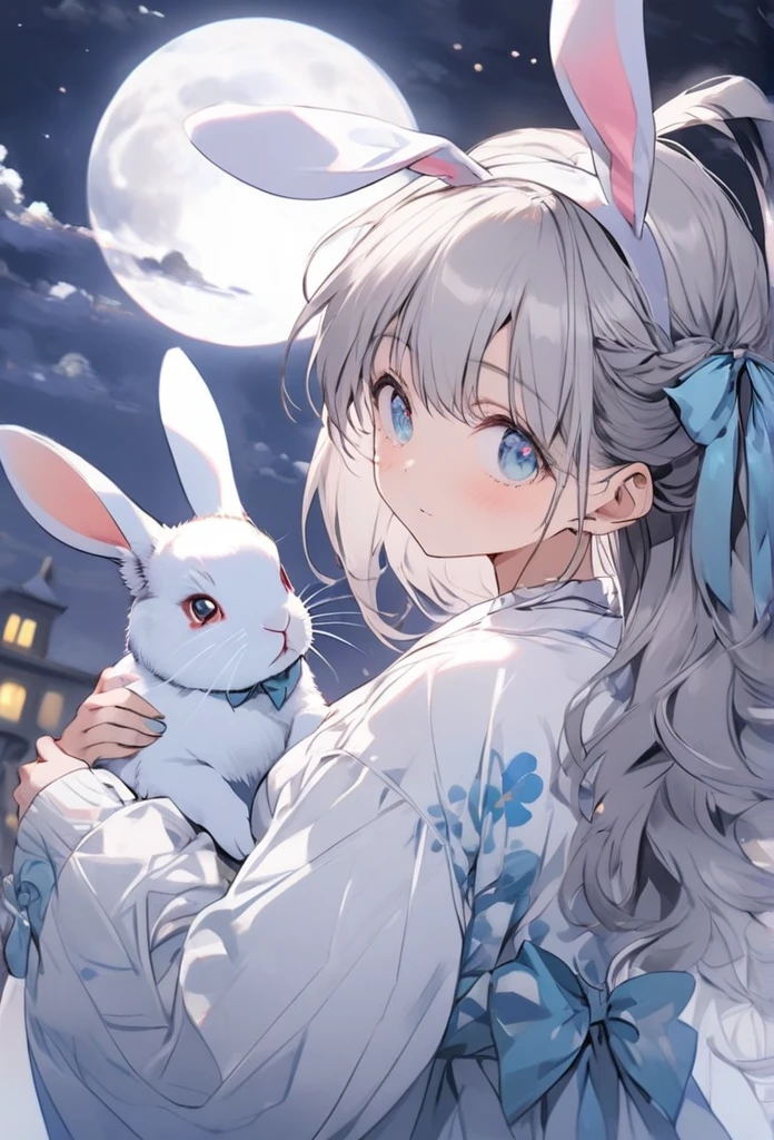 Gray Hair,Light blue eyes,long,Bunny ears,There is a rabbit,moon,night