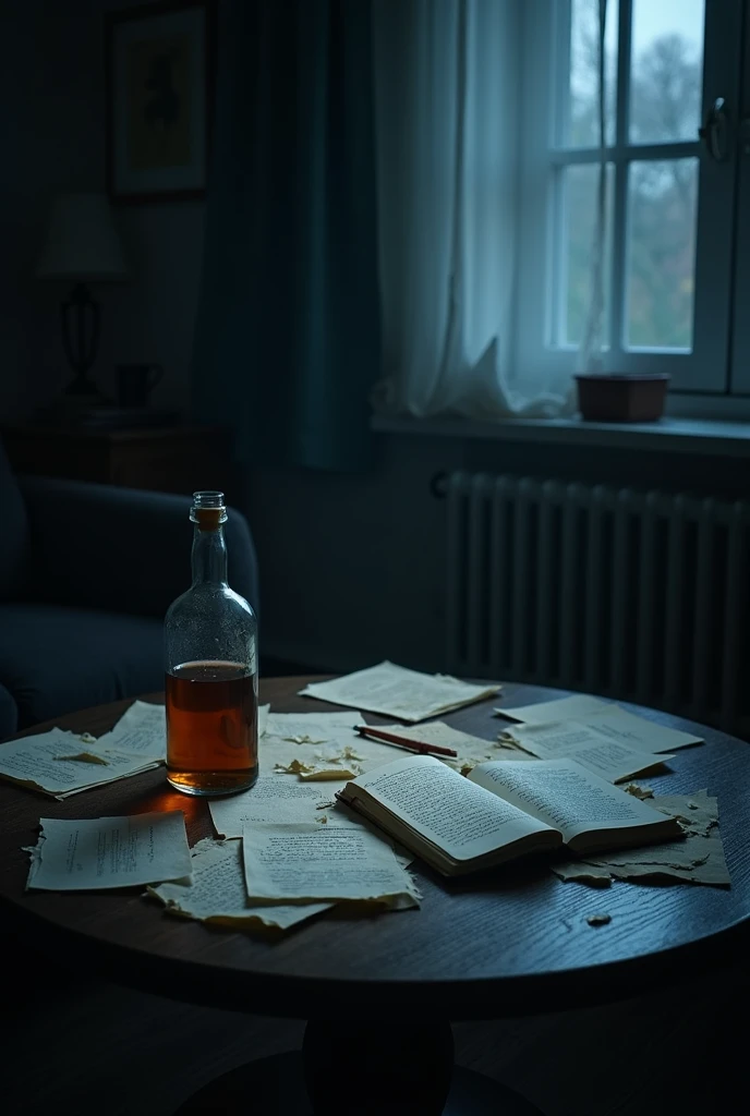

**main image**: A background with a lonely atmosphere, like a messy coffee table in a dark, cozy room. over the table, a bottle of alcoholic beverage, a cigarette butt, reflecting the feeling of desolation.

*Additional Elements**: Scraps of paper or notebooks with notes and sentences in irregular handwriting, some torn or smudged, scattered across the table or around the glass. This illustrates the character&#39;s confusion and disordered feelings..

**colors**: Dark and saturated tones, like navy blue, gray and black, with touches of white or silver to create contrast and highlight the title. The use of shadows and soft lighting can intensify the feeling of melancholy..