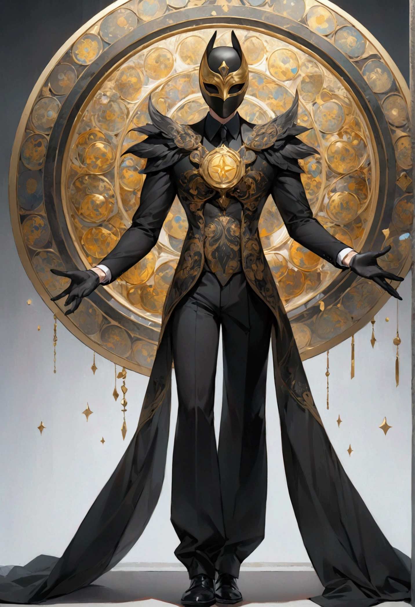 A full-body image of a man wearing a black suit and a black mask. The mask has a golden scale symbol printed on it. The suit also features a large golden scale design that starts at the beginning of the stomach area and extends outward. The scale’s plates stretch across his arms, reaching almost to the ends of the sleeves, trending on artstation, sharp focus, studio photo, intricate details, highly detailed,