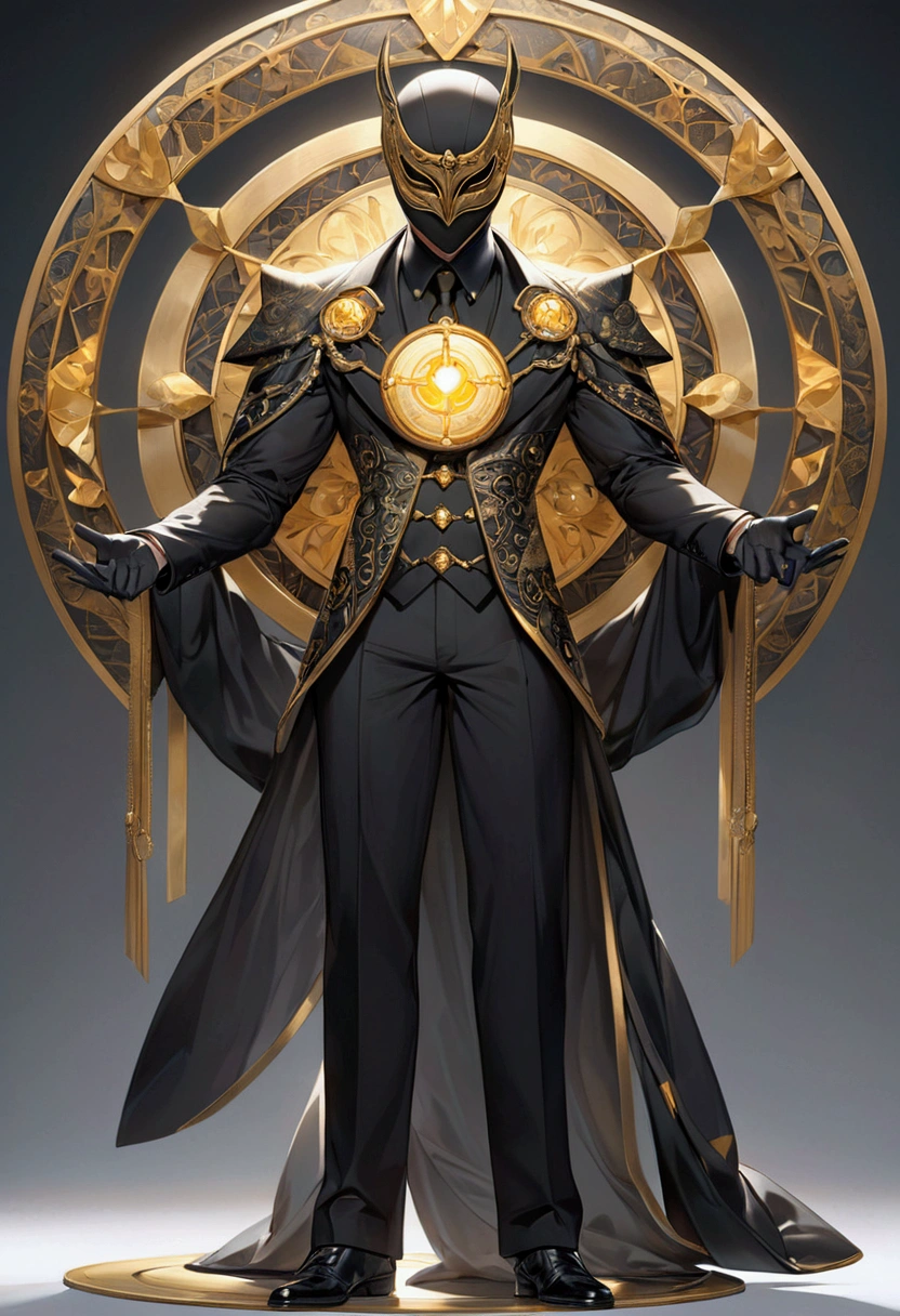 A full-body image of a man wearing a black suit and a black mask. The mask has a golden scale symbol printed on it. The suit also features a large golden scale design that starts at the beginning of the stomach area and extends outward. The scale’s plates stretch across his arms, reaching almost to the ends of the sleeves, trending on artstation, sharp focus, studio photo, intricate details, highly detailed,