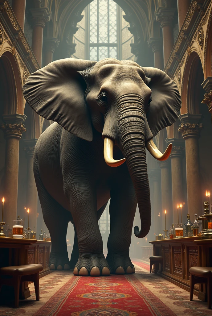 a large majestic elephant in a grand castle, drinking a glass of beer, ornate architecture, detailed textures, photorealistic, highly detailed, 8k, hyperrealistic, dramatic lighting, epic fantasy scene, cinematic composition, intricate details, rich colors, warm tones