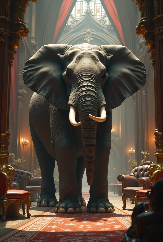 a large majestic elephant in a grand castle, drinking a glass of beer, ornate architecture, detailed textures, photorealistic, highly detailed, 8k, hyperrealistic, dramatic lighting, epic fantasy scene, cinematic composition, intricate details, rich colors, warm tones