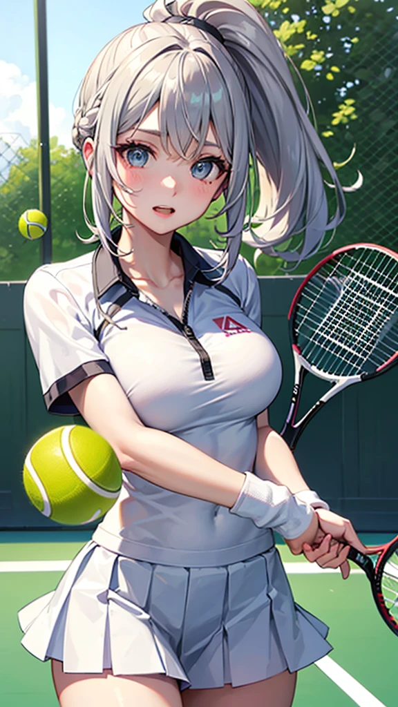 (masterpiece、Highest quality、))、beautiful detailed eyes 、ultra-detailed、 , Gray Hair、Ahoge、Long Hair, Blue eyes、ponytail 、big breasts、blurry background、bashful、pinup, play tennis, (swing tennis racket:1.1), wear tennis uniform, in Tennis court, 
(moving:1.2), tennis ball, hit the ball with a racket, some players、Panty shot