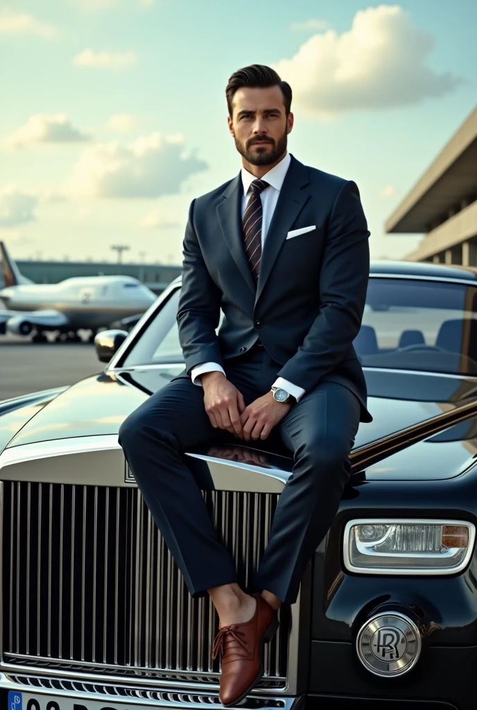 A man siting on the rolls roylce car on near the airport
