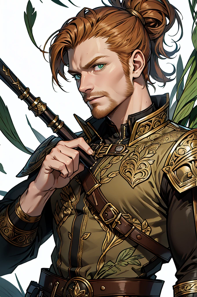 (masterpiece),(Very detailed),(Very detailed),(best quality), perfect lighting, fantasy man, 40 years old, solo, staff ((short messy ginger hair)), muscle, correct proportions, facial details, high ponytail hairstyle, tall, stunning, beautifull face, green eyes, fantasy clothing, animated style, perfect face, highest detail, stubble, detailed face, intricate details, concept caracter