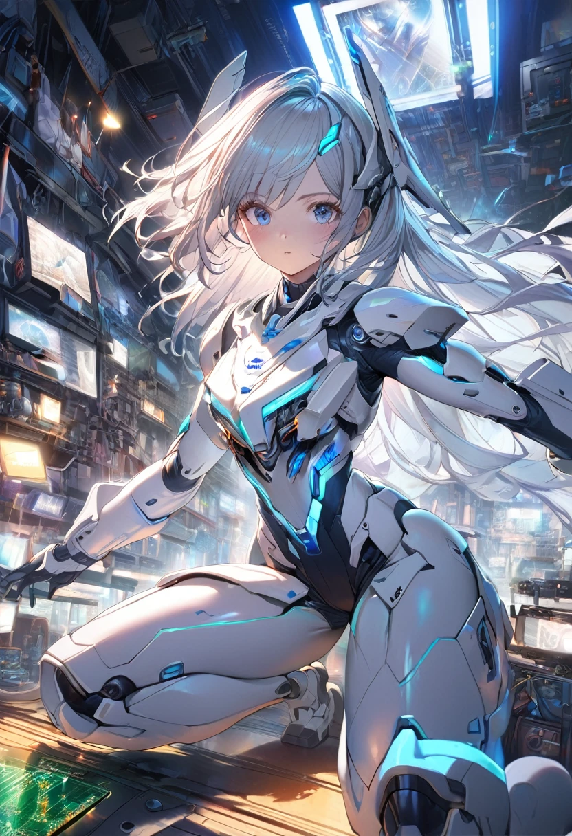 (1girl:1.3),full_body,White and blue mechs,(gundam:0.5),highly realistic,glassy translucence,graceful poses,blink-and-you-miss-it detail,Sci-fi light effects,(Illuminated circuit board:1.6),