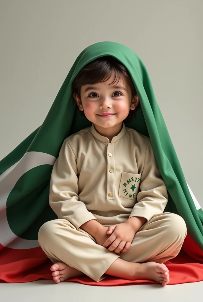 cute Pakistani kid sitting with Pakistani flag 