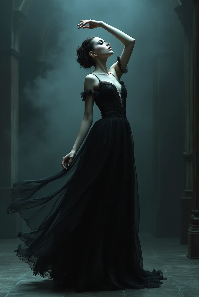 a gothic ballerina, dramatic dark fantasy ballet dancer, delicate pale skin, haunting beauty, long flowing black dress, elegant balletic movements, dramatic theatrical pose, dramatic moody lighting, deep shadows, cool color palette, high contrast, intricate lace and ruffles, dramatic smoky eyes, dark vampiric aesthetic, photorealistic, 8k, highly detailed, masterpiece