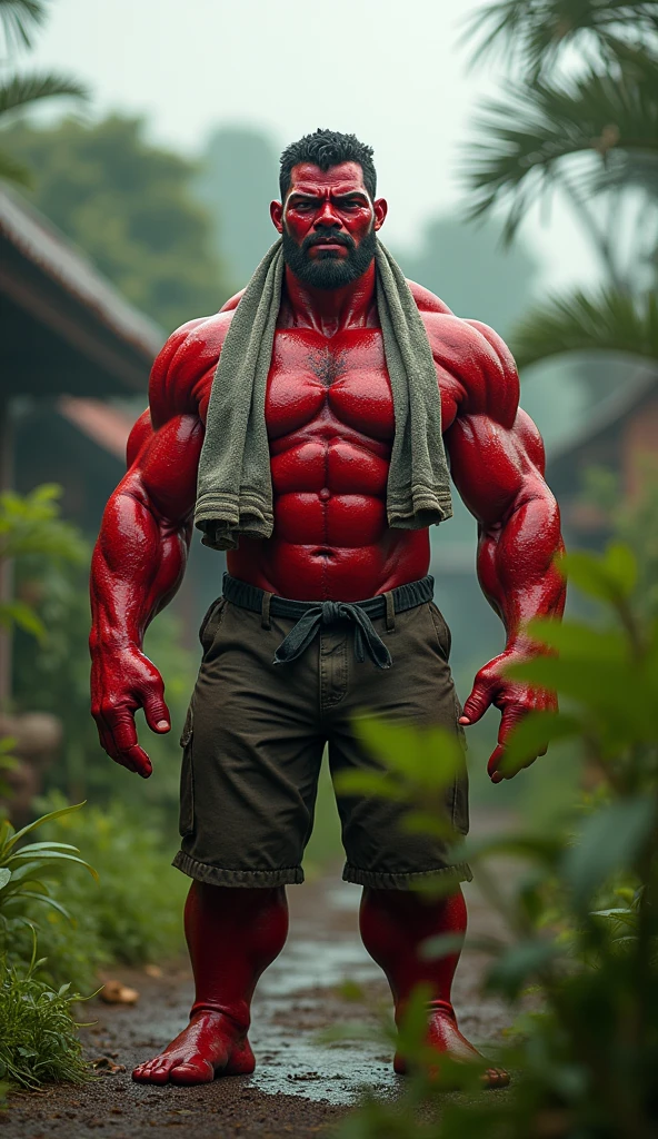 Photo realistic of Red Hulk as Indonesian People, waering towerl in neck like truck driver in Indonesian, standing in the garden Indonesian Village, setting years 1990, overcast light, film grain, nostalgic mood