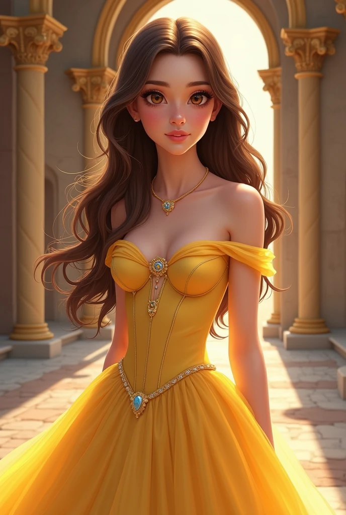 masterpiece, Best Quality, Illustration, Ultra-detailed, finely detail, hight resolution, 8K Wallpaper, Perfect dynamic composition, Beautiful detailed bright brown eyes , RAW format, realistic face, incredibly beautiful girl, silky, Smooth and shiny brown hair, extremely detailed eyes and face, Cinema Lighting, Full body shot, beautiful detailed yellow dress, princess, background in castle
