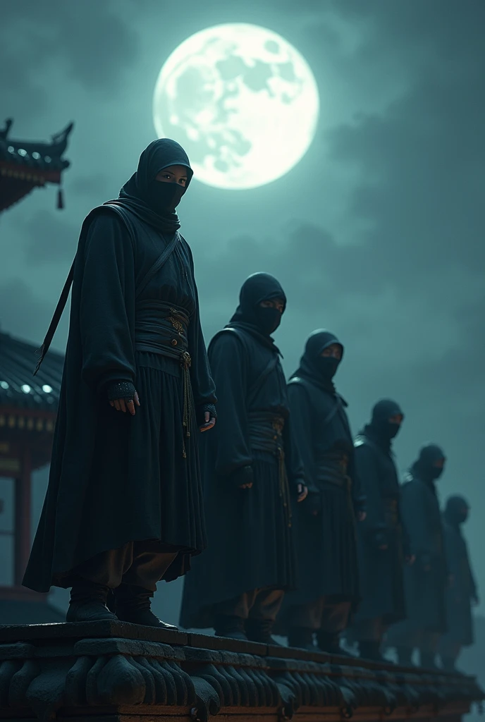 ninja, ten mens, on top of an oriental temple, Full Moon Behind. murderous 