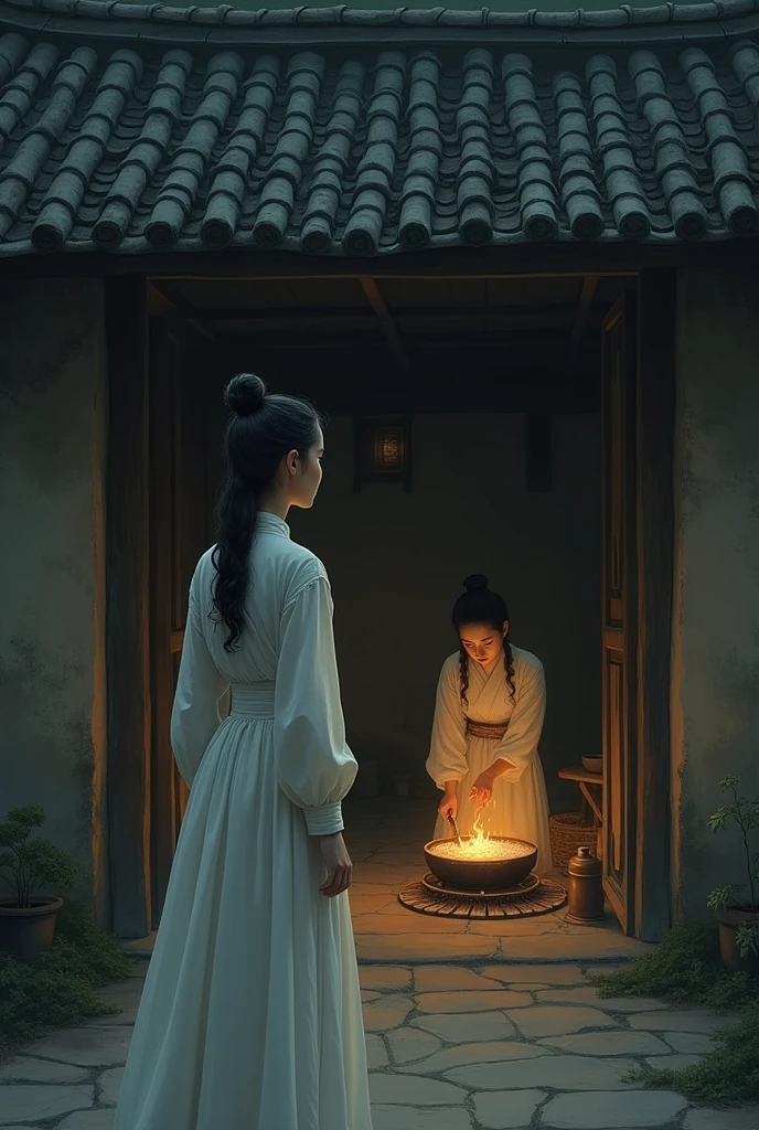 In ancient China during the Tang Dynasty, a young woman in a white dress without makeup stopped in the courtyard of an old, poor wooden house and looked at her younger sister who was cooking rice by a firewood fire in the kitchen. The atmosphere of the night was dark and dim.