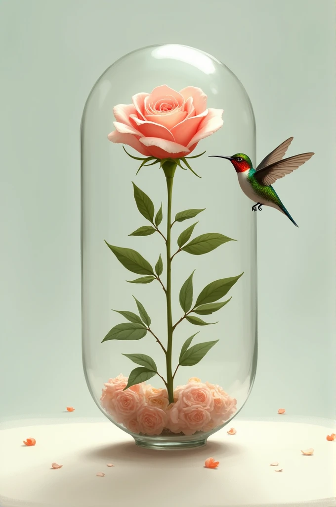 Drawing of a rose in a glass with a hummingbird taking care of it