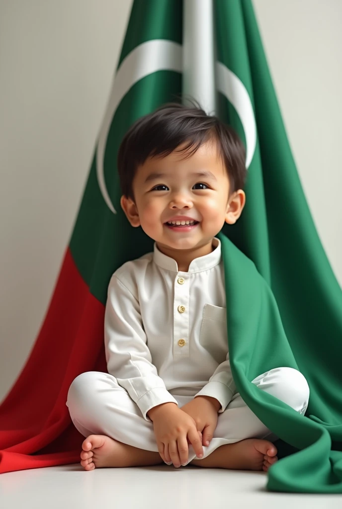 cute Pakistani kid sitting with Pakistani flag 