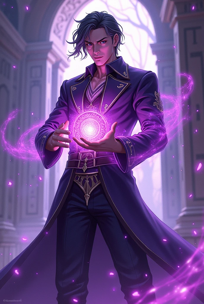 bard and his instrument, helping his team, anime style character, with dark energy that merged with purple creating a new color, full body from head to toe, man