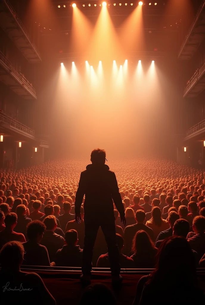 Generate me an image of a vision where I see millions of audiences from back stage waiting for me to sing