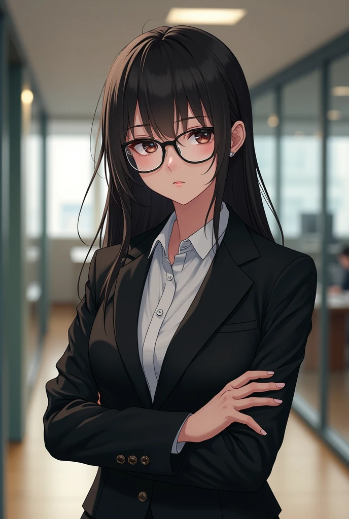 Black suit, glasses, Japanese, 20s, anime-like, older sister look, company background