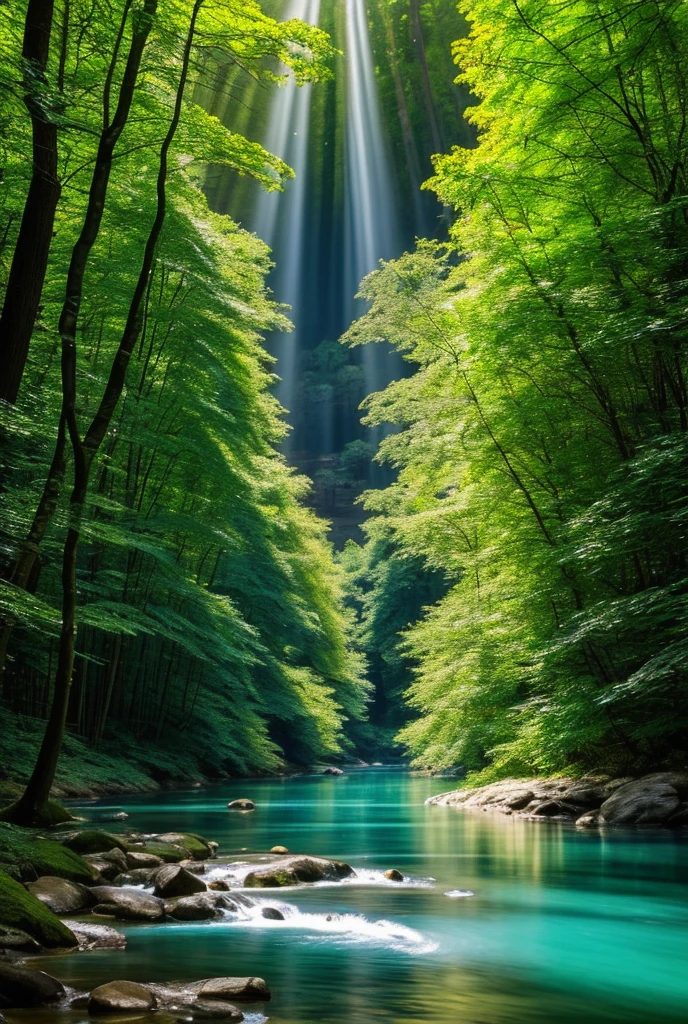 A breathtaking forest scene where soft beams of sunlight filter through the dense canopy, casting a warm, golden glow on the clear, sparkling waters of a gently flowing river. The crystal-clear water reveals smooth stones and delicate plants on the riverbed, while the surface reflects the lush greenery and the shimmering light above. The peaceful surroundings are filled with the gentle rustling of leaves and the soothing sound of the river, creating a tranquil and almost magical atmosphere. The contrast between the deep greens of the forest and the cool blues and emeralds of the water evokes a deep sense of calm and wonder in the viewer.