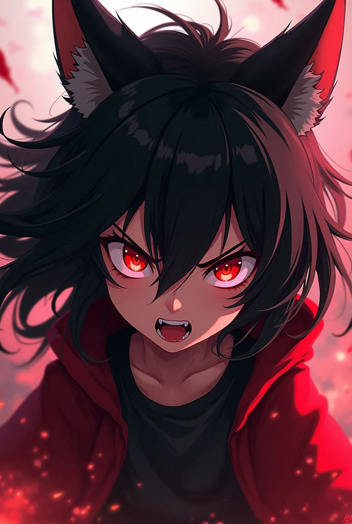 anime with spiky black long hair and eye red,her clothes is black with
She has a cat's tooth and she's agressive don't use ears of cat please