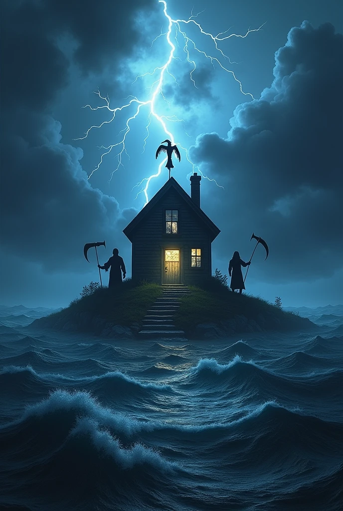 night, there is a lightning storm in the ocean. there is an island in the middle of the ocean, there is a house with a black scarecrow on the island. on both sides of the house there are guards holding scythes. Above the door of the house is the emblem of Fulham football club.