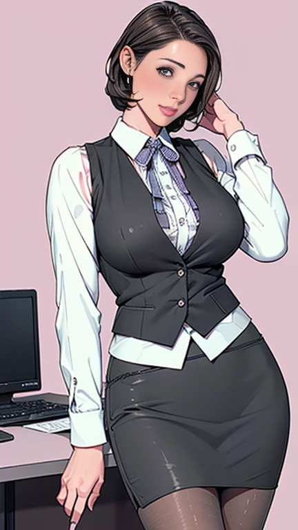 1，short hair，Photorealism，detailed，masterpiece，mature，((full))， (Broad shoulders), ((Huge breasts))((((1 Lady Lil,)))) (masterpiece), (Realistic), (Highest quality), (Very detailed), Awesome 30 year old wife, Panty shot, Long brown hair, office lady, Wearing a pink plaid vest, White short sleeve shirt, Grey pencil skirt, Wear stiletto heels, necklace,, Cute Face, smile, blush, Shyness, Glass Wall, Super detailed, Realistic, Front view, whole body, (Wearing [[White and grey check pattern]] A vest worn over a white-collared long-sleeved shirt:1.4), (Grey buttoned vest:1.2), (Pink Theme:1.2), (blue ribbon ribbon:1.3), (Black Theme:1.4), (tight black pencil skirt:1.5), ((Brown pantyhose)), (High heels:1.1),Long skirt,transaction machine, Office chair,Lullabre Unity 8K Wallpaper, Beautiful background, clearly, Highest quality, Highest Resolution, Best aesthetics,Very detailed CG ユニティ 8k,