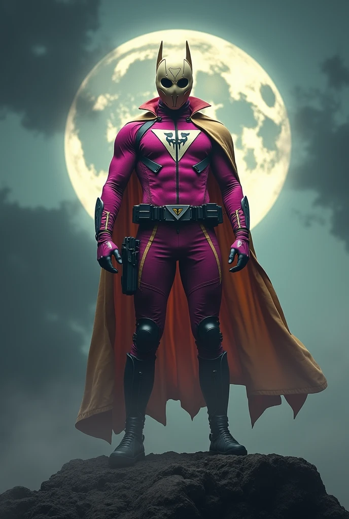 high-tech suit, vivid effects, malaysian superhero (KELUANG MAN) in a striking pink and beige costume cyberpunk design, mask small mini bat ear beige, daredevil beige mask, jumpsuit dark pink stands confidently in a dramatic, stormy landscape. ((Head covered node guard like batman , athletic body type, small mini ear bat mask))The character wears domino mask a helmet with pointed mini torn ears and a flowing cape biege, open nose and mouth. Equipped with visible futuristic weapons on a belt,bullet proof jacket pink dark day, dark night, big supermoon effect .logo on chest triangle shape small punisher logo center triangle cyber logo center on chest pink logo mini logo . rocky. Building top. , adding to --ar 3:4 --style raw --stylize 500 --v 6.1