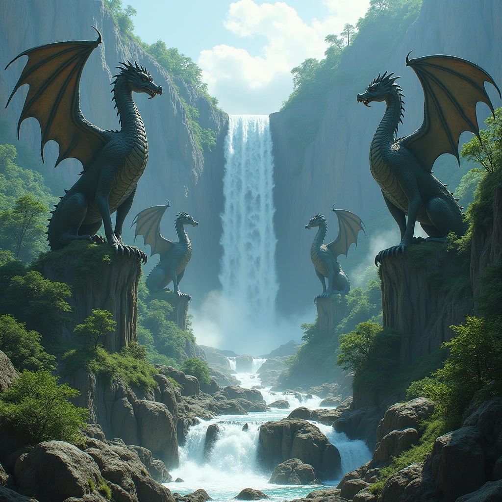 Make me an ultra realistic image. Make the valley of the end, a waterfall in the center. Make several dragon statues in this valley, some even destroyed.