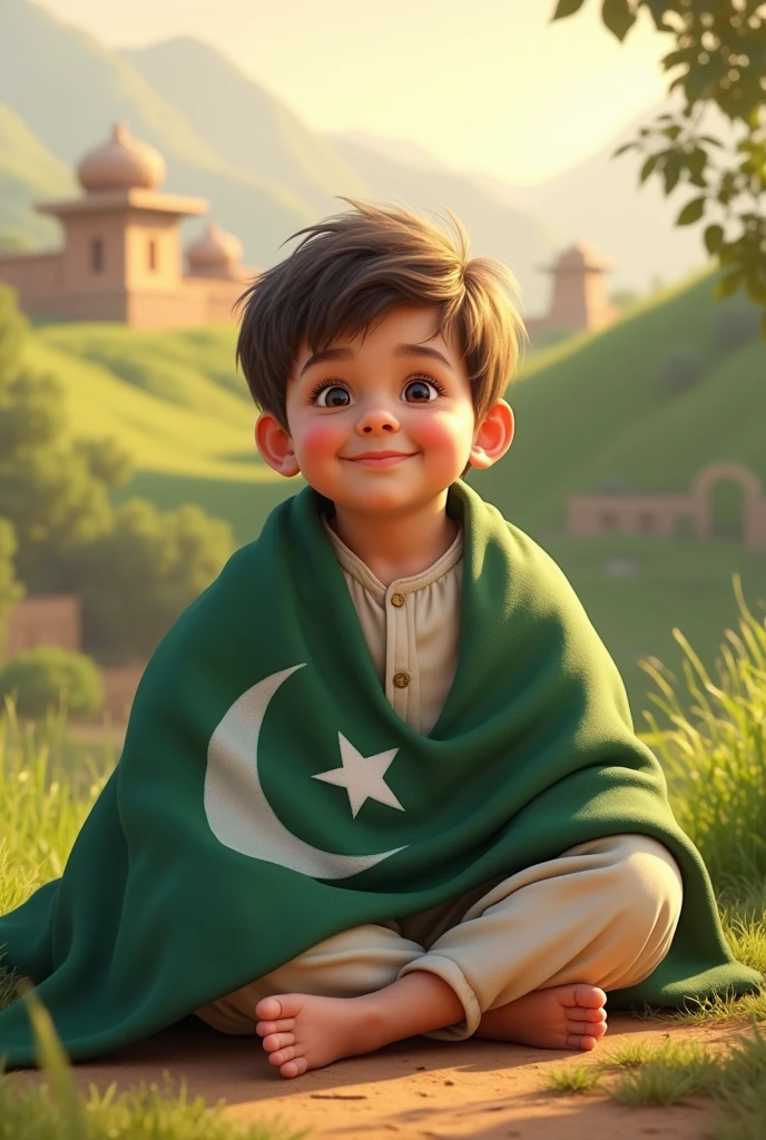 Pakistani kid sitting with Pakistani flag